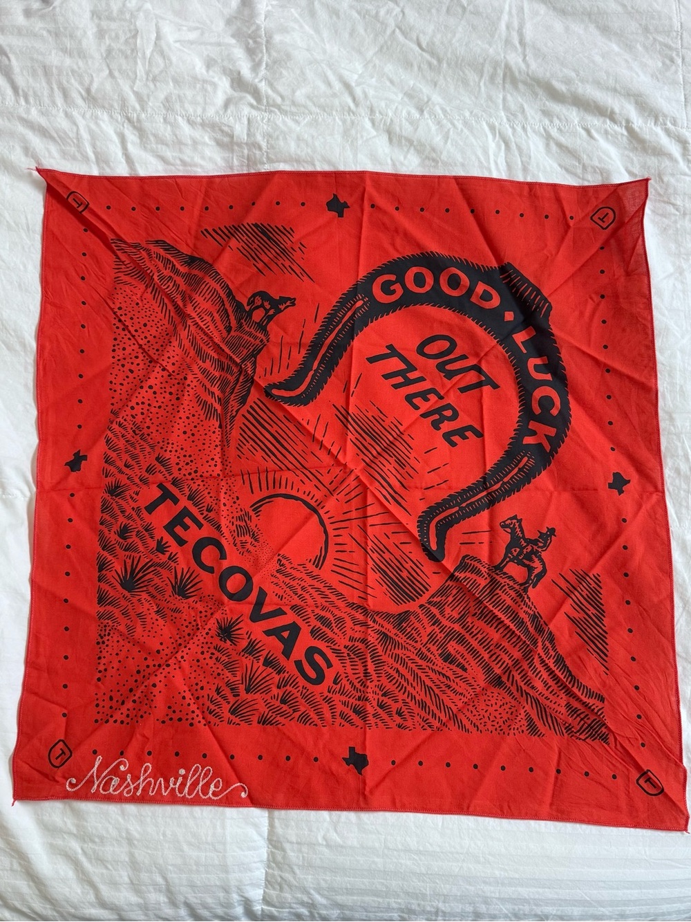 Tecovas Orange Bandana with Black Western 'Good Luck Out There' Print | NWOT